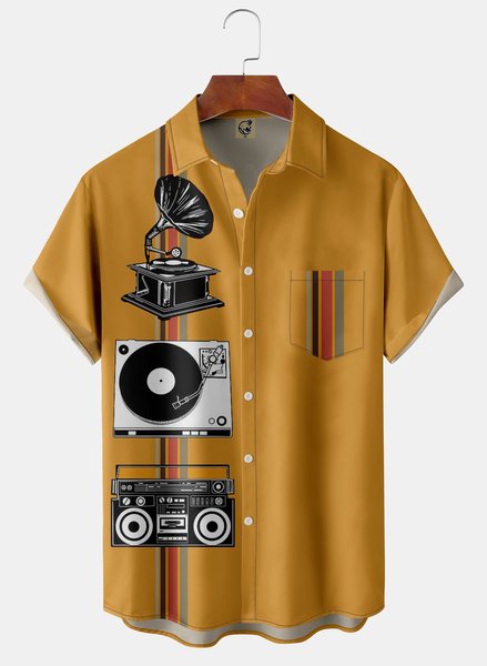 Gramophone Chest Pocket Short Sleeve Shirt, Yellow brown, Men Shirts