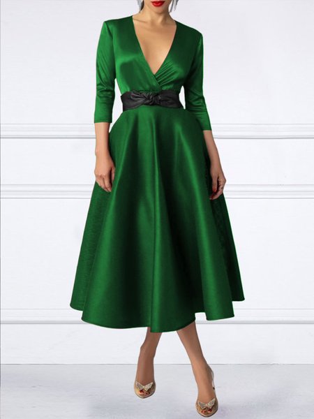 Satin Elegant V Neck Three Quarter Formal Dress, Green, Midi Dresses