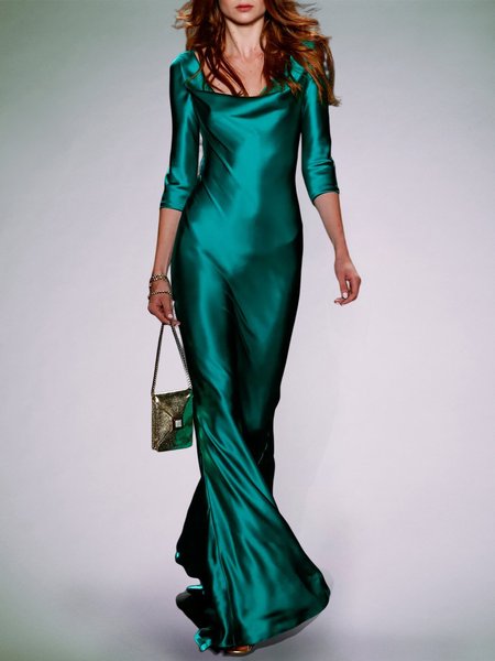 Regular Fit Elegant Plain Three Quarter Sleeve Long Party Dress, Cyan, Maxi Dresses