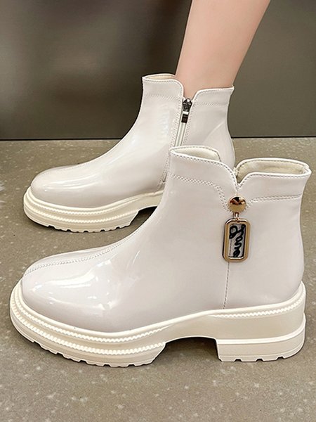 Black White Patent Leather Metal Pendant Street Boots, Off white, Boots
