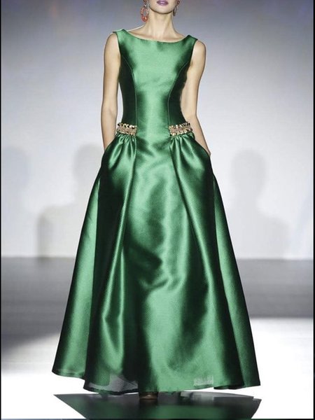 Long Green Satin Plain Elegant Party Dress, Maxi Dresses