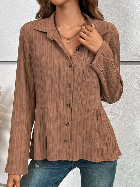 Casual Solid Pocket Patched Button Up Shirt, Khaki, Blouses & Shirts