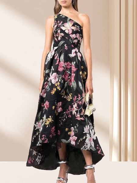 Elegant One Shoulder Regular Fit Midi Party Dress, Black, Midi Dresses