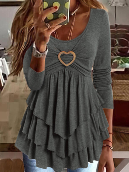 Plain Regular Fit Crew Neck Casual Top, Gray, Tunics
