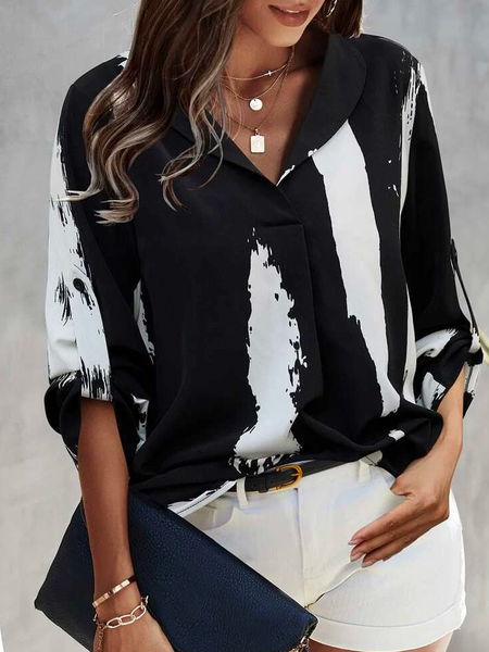 Boho V Neck Color Block Ombre Top, Black, Tops
