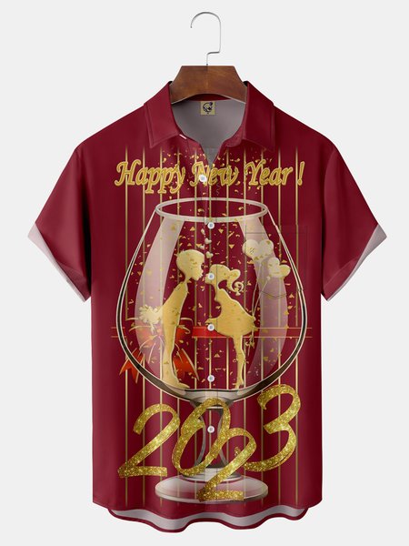 New Year's Wine Glass Chest Pocket Short Sleeve Shirt, Red, Men Shirts