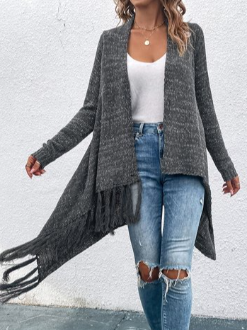 Regular Fit Plain Tassel Casual Other Coat, Deep gray, Outerwear