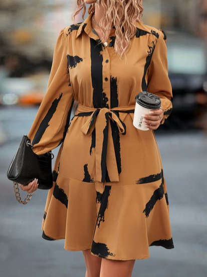 Shirt Collar Loose Color Block Urban Dress, Brown, Mini Dresses