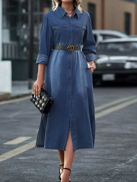 Shawl Collar Casual Denim Loose Dress, Blue, Clothing