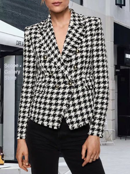 Houndstooth Elegant Tweed Spring Jacket, Black-white, Jackets