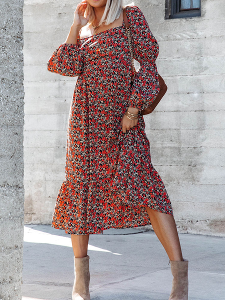Casual Square Neck Dress, Multicolor, Dresses