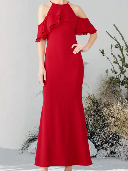 Satin Elegant Regular Fit Dress & Party Dress, Red, Maxi Dresses
