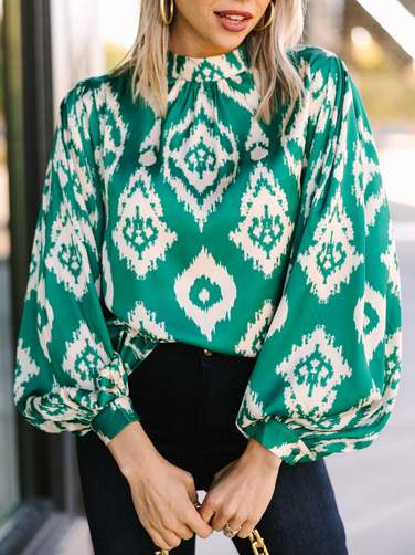 Loose Stand Collar Abstract Boho Top, Green, Tops