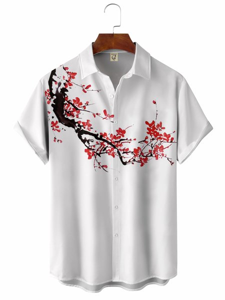 Japanese Plum Bossom Chest Pocket Short Sleeve Casual Shirt, White, Men Shirts