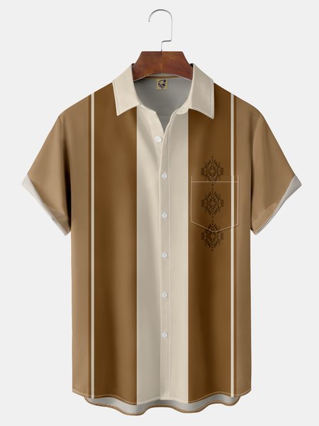 Moroccan Amazigh Symbol Chest Pocket Short Sleeve Bowling Shirt, Khaki, Men Shirts