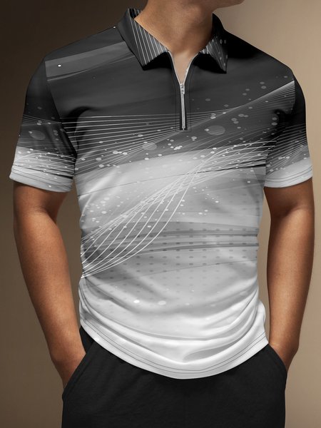 3D Gradient Geometric Zip Short Sleeve Polo, Dark gray, Polo Shirts
