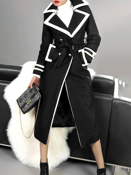 Lapel Collar Color Block Simple Overcoat, Black, Coats