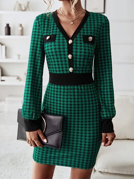 Urban Buttoned Houndstooth Wool/Knitting Dress, Green, Dresses
