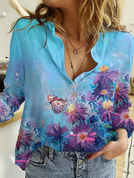 Shirt Collar Regular Fit Casual Blouse, Blue, Shirts & Blouses