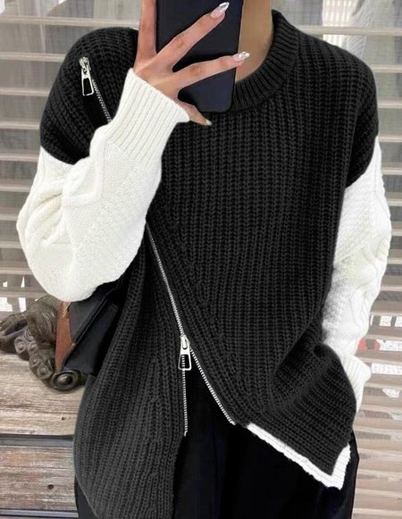 Loose Casual Crew Neck Zipper White-black Yarn/Wool Yarn Sweater, Black-white, Sweaters
Loose Casual Crew Neck Zipper White-black Yarn/Wool Yarn Sweater, Black-white, Sweaters