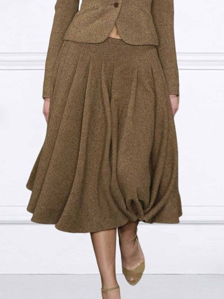 Regular Fit Plain Elegant Pleated Skirt, Brown, Skirts