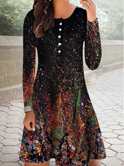 Women's Floral Casual Buttons Crew Neck Regular Fit Dress, As picture, Dresses