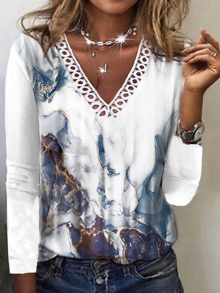 V Neck Casual Ombre Regular Fit Top, White, Tops