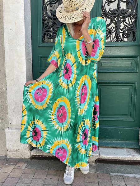 Regular Fit Tie-Dye Pattern V Neck Casual Dress, Green, Dresses
Regular Fit Tie-Dye Pattern V Neck Casual Dress, Green, Dresses