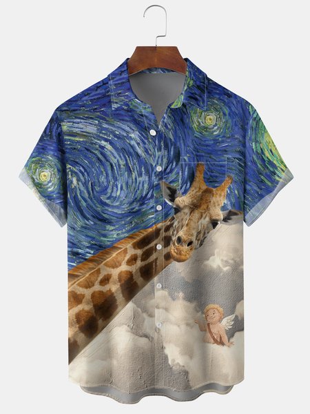 Giraffe Sky Chest Pocket Short Sleeve Hawaiian Shirt, Blue, Men Shirts