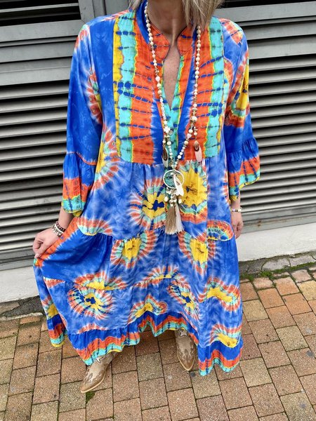 Tie-Dye Pattern V Neck Ethnic Regular Fit Dress, Blue, Dresses