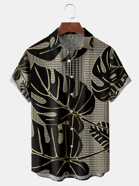 Gold Monstera Chest Pocket Short Sleeve Hawaiian Shirt, Golden, Men Shirts