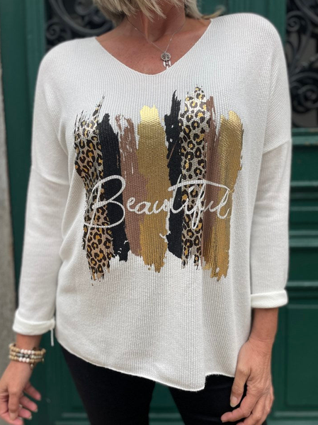 V Neck Leopard Regular Fit Casual Top, White, Tops