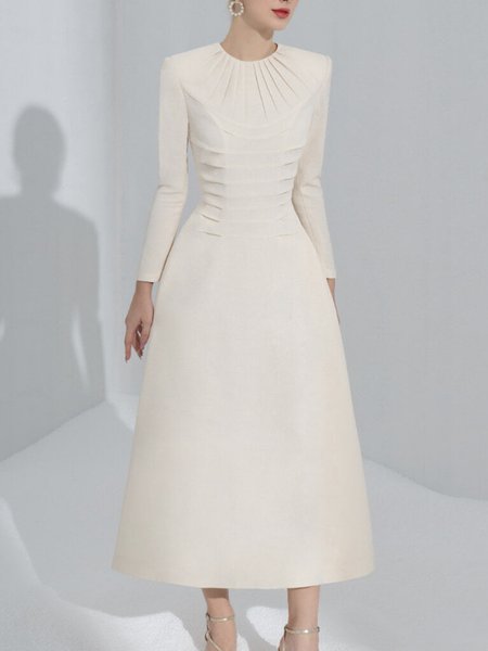 Crew Neck Elegant Long Sleeve Regular Fit Maxi Party Dress, Cream, Maxi Dresses