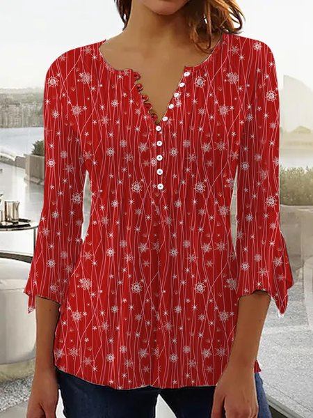 

Casual Buttoned Cotton-Blend Top, Red, Tunics