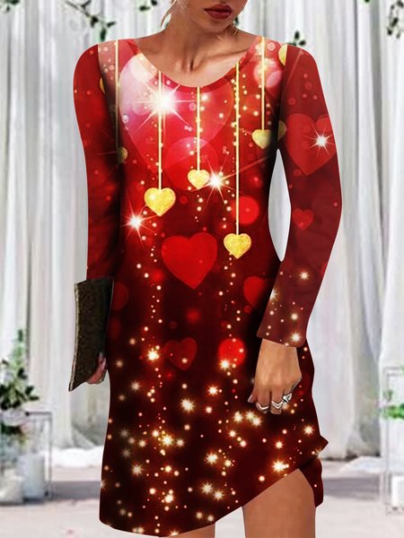 Women's Valentine’s Day Heart Casual Regular Fit Crew Neck Dress, Red, Dresses