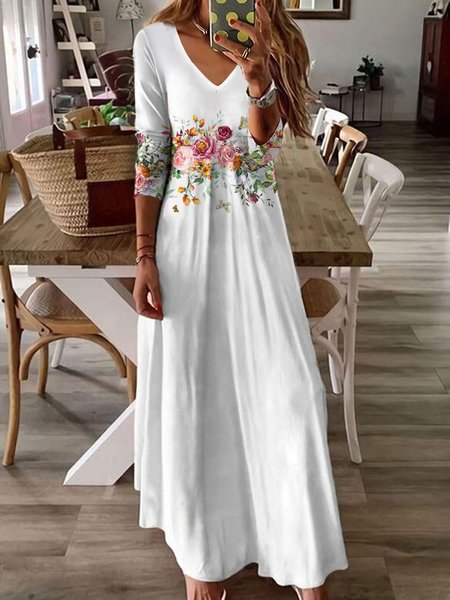 Floral Casual V Neck Dress, White, Dresses