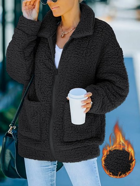 Plain Cross Neck Casual Teddy Jacket, Black, Coats