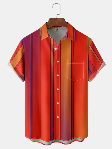 Gradual Change Stripe Chest Pocket Short Sleeve Casual Shirt, Red, Men Shirts