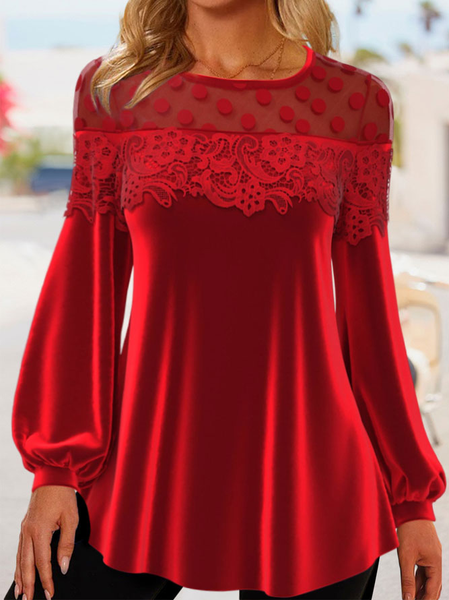 Casual Lace Velvet Stitching Red Valentines Round Neck Top, Tops