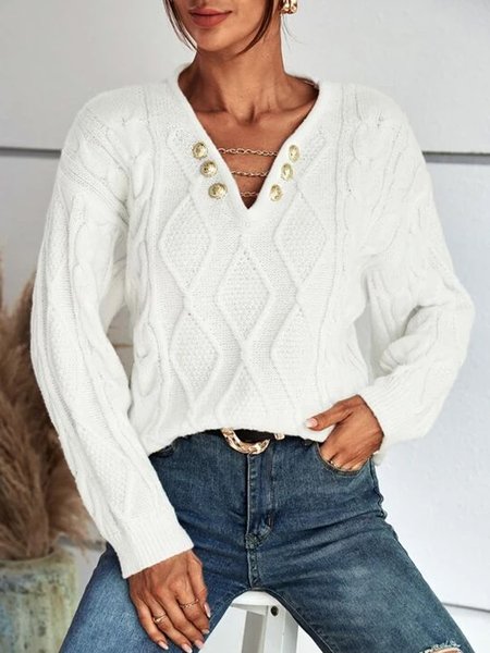 V Neck Loose Buttoned Urban Sweater, White, Sweaters & Cardigans