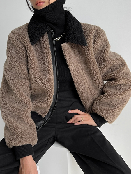 Loose Urban Shirt Collar Teddy Long sleeve Jacket, Brown, Cardigans