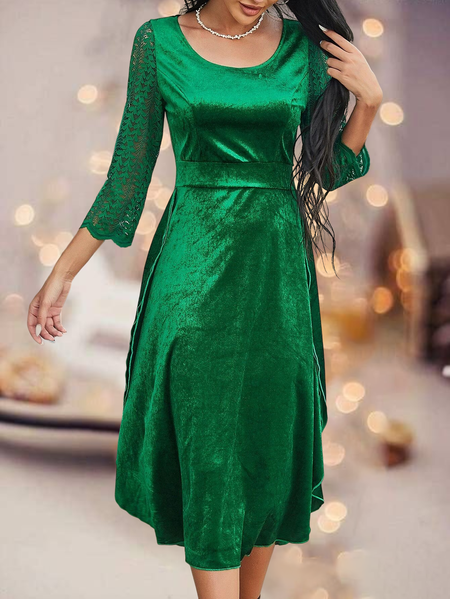 Plain Urban Crew Neck Lace Dress, Green, Dresses