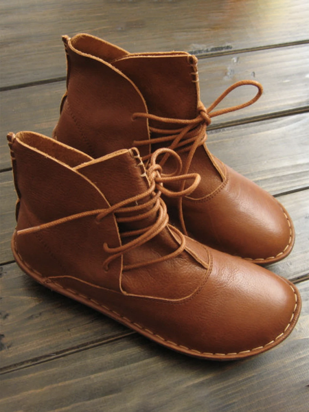 Comfortable Soft Leather Lace-Up Booties, Brown, Boots
