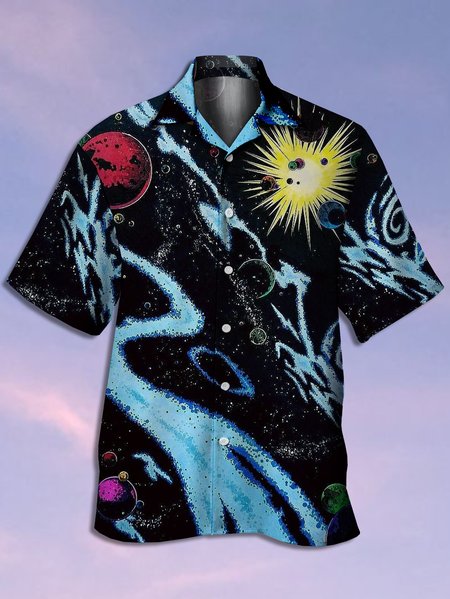 Starry Sky Short Sleeve Camp Shirt, Black, Men Shirts