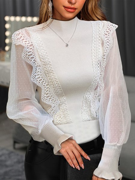 Elegant Lantern Sleeve Turtleneck Sweater, White, Tops