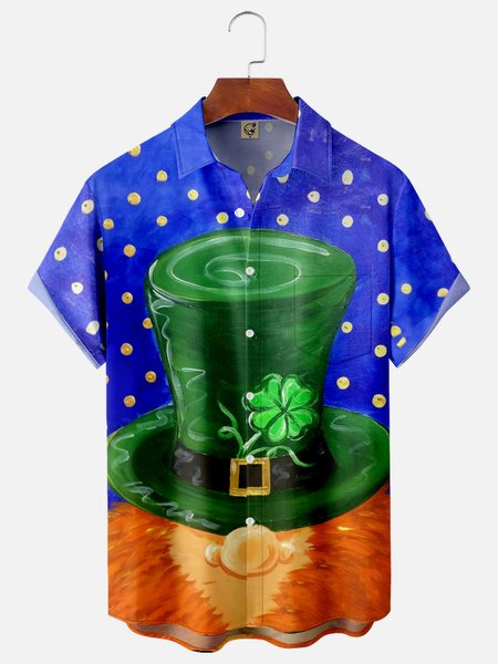 St. Patrick's Day Chest Pocket Short Sleeve Casual Shirt, Purple, Men Shirts