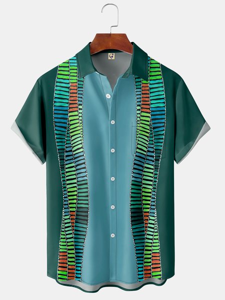Colorful Geometric Chest Pocket Short Sleeve Bowling Shirt, Green, Men Shirts