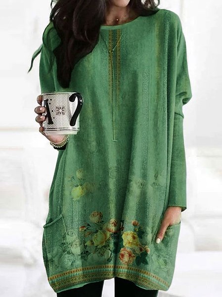 Casual Regular Fit Crew Neck Dress, Green, Mini Dresses