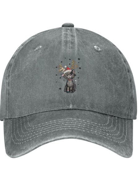 Kitten in Santa Hat Festival Graphic Adjustable Hat, Gray, Hats