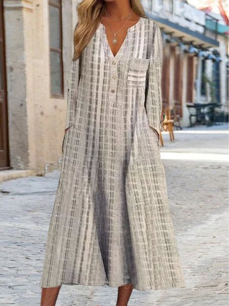 V Neck Striped Loose Boho Dress, Gray, Dresses